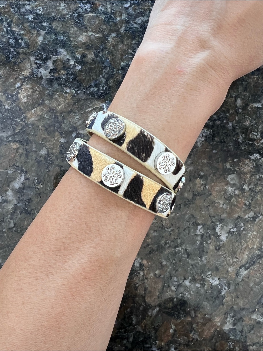 Cowhide Leopard Print Wrap n’ Snap Bracelet in Black and Tan